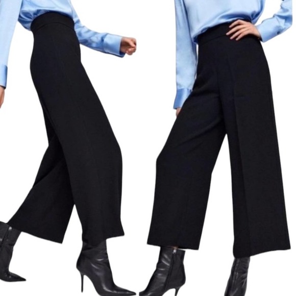 Zara Pants - ZARA Black High Waisted Wide Leg Gaucho Pants Size Large Shabby Chic Flowy